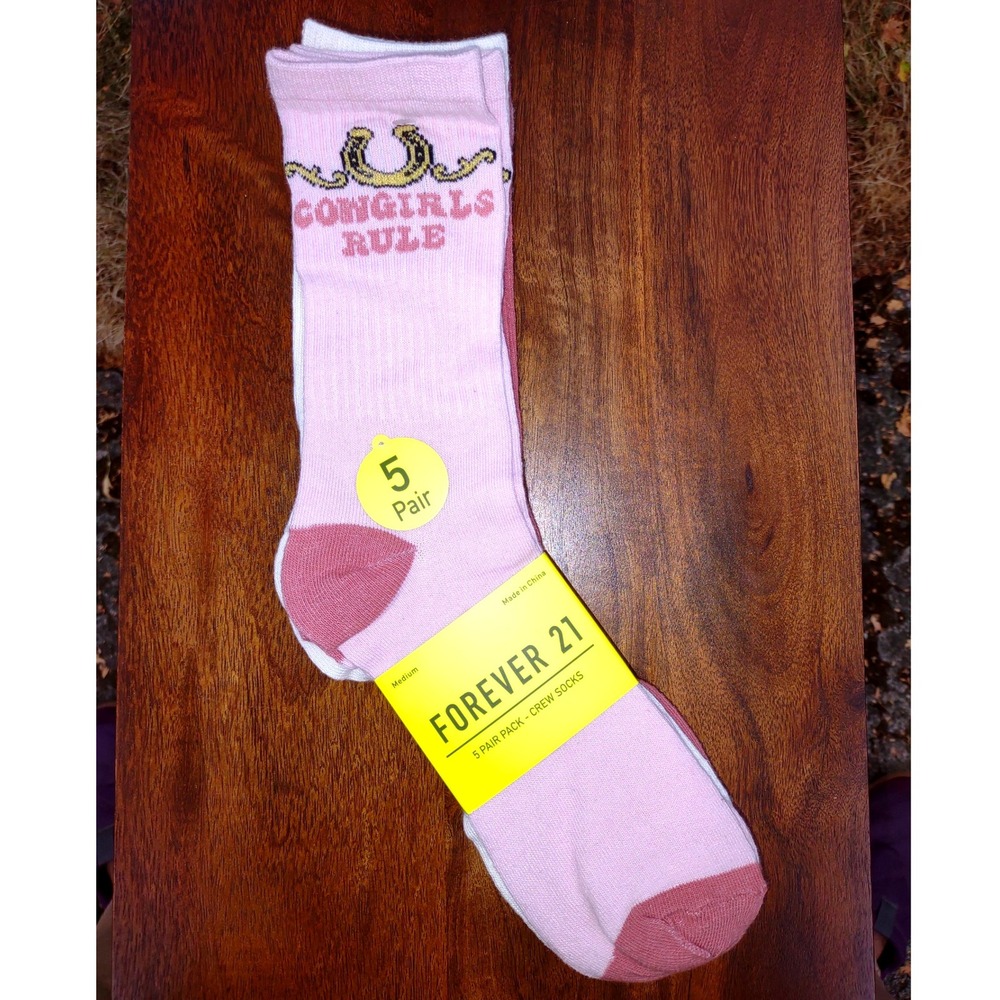 Forever 21 "Cowgirls Rule" Crew Socks 5-Pair Pack Women's Medium Pink White 9-11